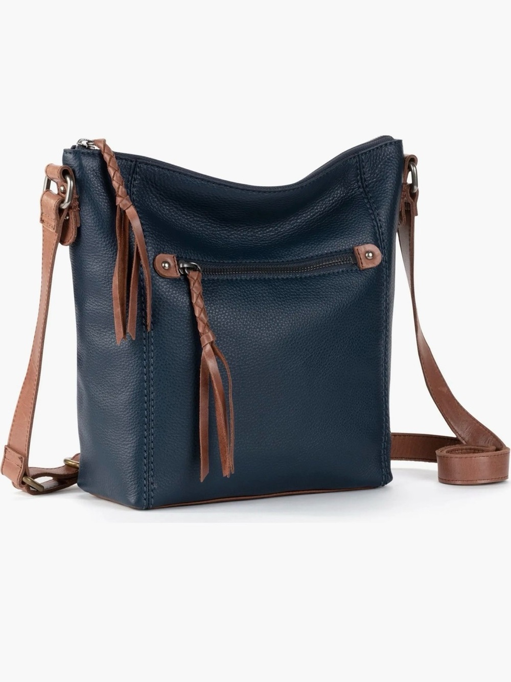 The Sak Pebbled Navy Crossbody with Brown Trim and Braided Tassels